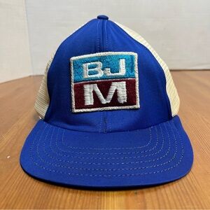 Vintage 80s BJM Patch Mesh SnapBack Trucker Hat. Agriculture. Blue White.